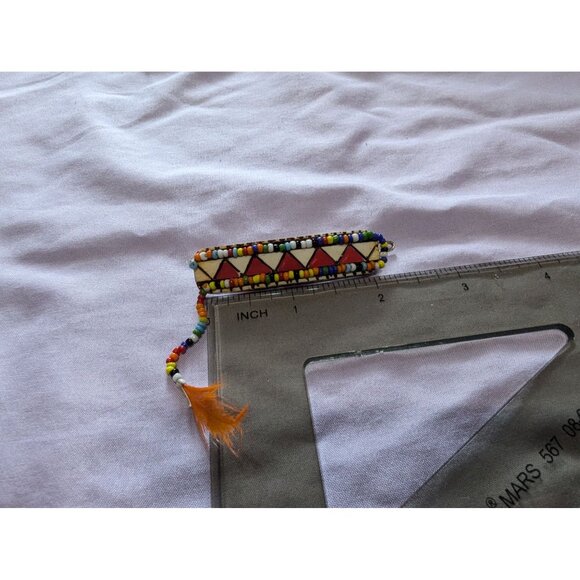 Handcrafted Beaded Hair Clip Barrette Feather Accent - Multicolor Tribal Pattern - Picture 3 of 3